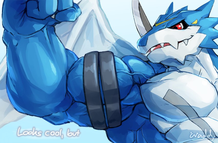 anthro belt biceps big_biceps flexing flexing_bicep male muscular muscular_male pecs solo vein veiny_muscles waddledox bandai_namco digimon digimon_(species) exveemon hi_res