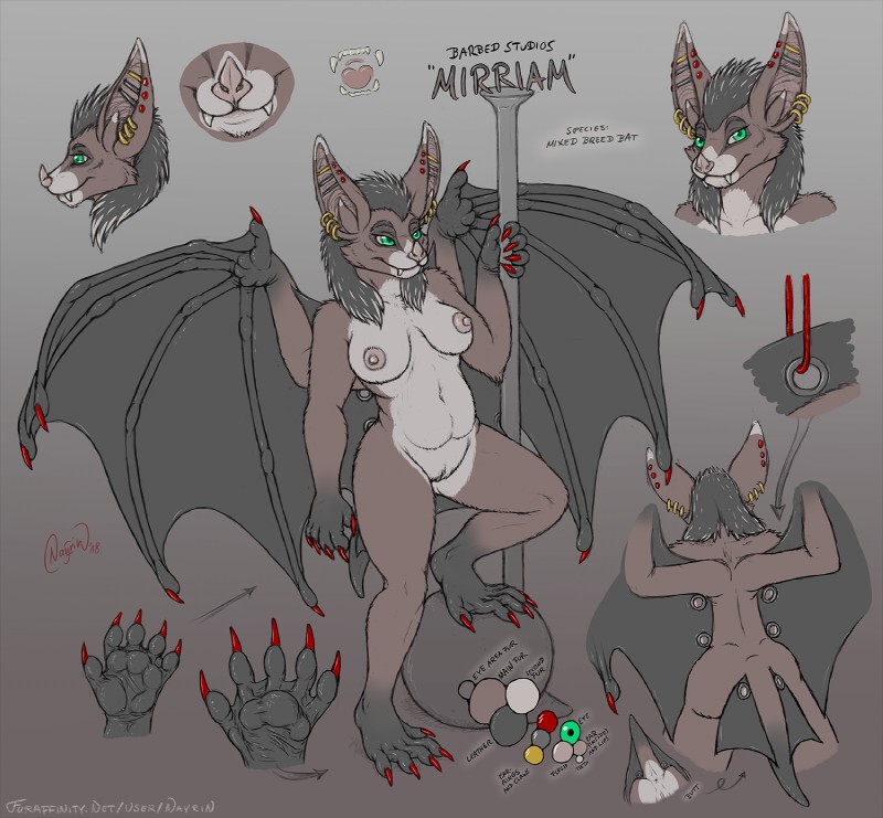 breasts brown_body brown_fur claws female fur green_eyes nipples piercing solo text wings nayrin barbed_girls barbedstudios mirriam bat mammal english_text hi_res model_sheet