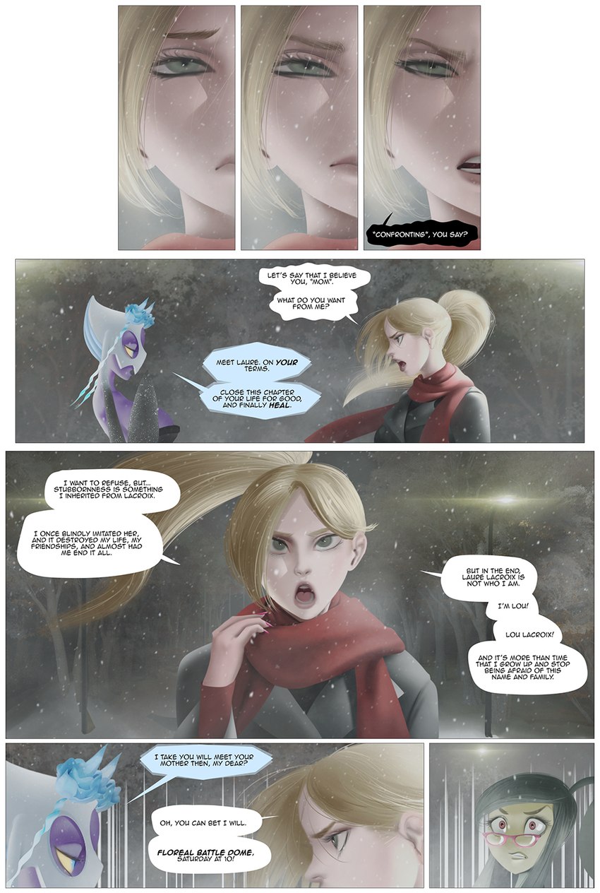 blonde_hair dialogue eyewear female glasses hair not_furry scarf snow snowing text thekite nintendo pokemon elsa_(thekite) lou_(thekite) pixie_(thekite) froslass generation_3_pokemon generation_4_pokemon human humanoid mammal mawile pokemon_(species) comic english_text hi_res