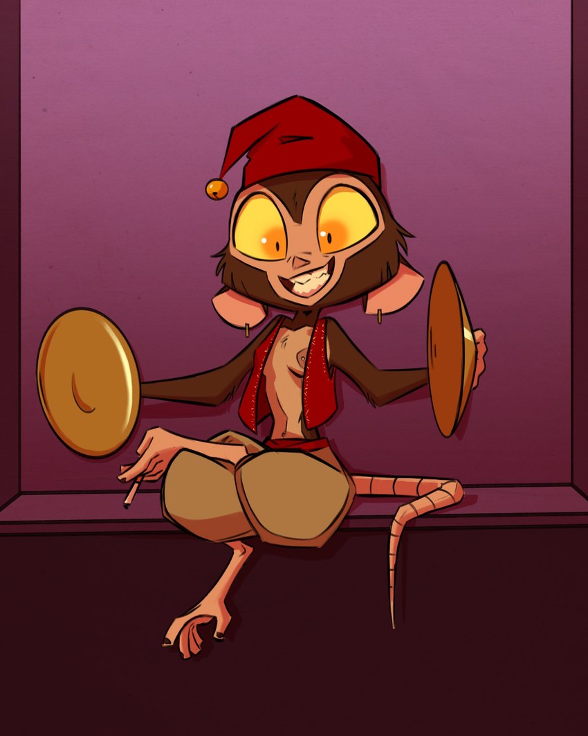 anthro bell clothed clothing crossed_legs cymbals female hat headgear headwear musical_instrument nipple_slip partially_clothed percussion_instrument sitting smile solo topwear vest fluttershythekind illumination_entertainment sing_(movie) unnamed_tarsier_(sing) haplorhine mammal primate tarsier 2024 4:5 hi_res