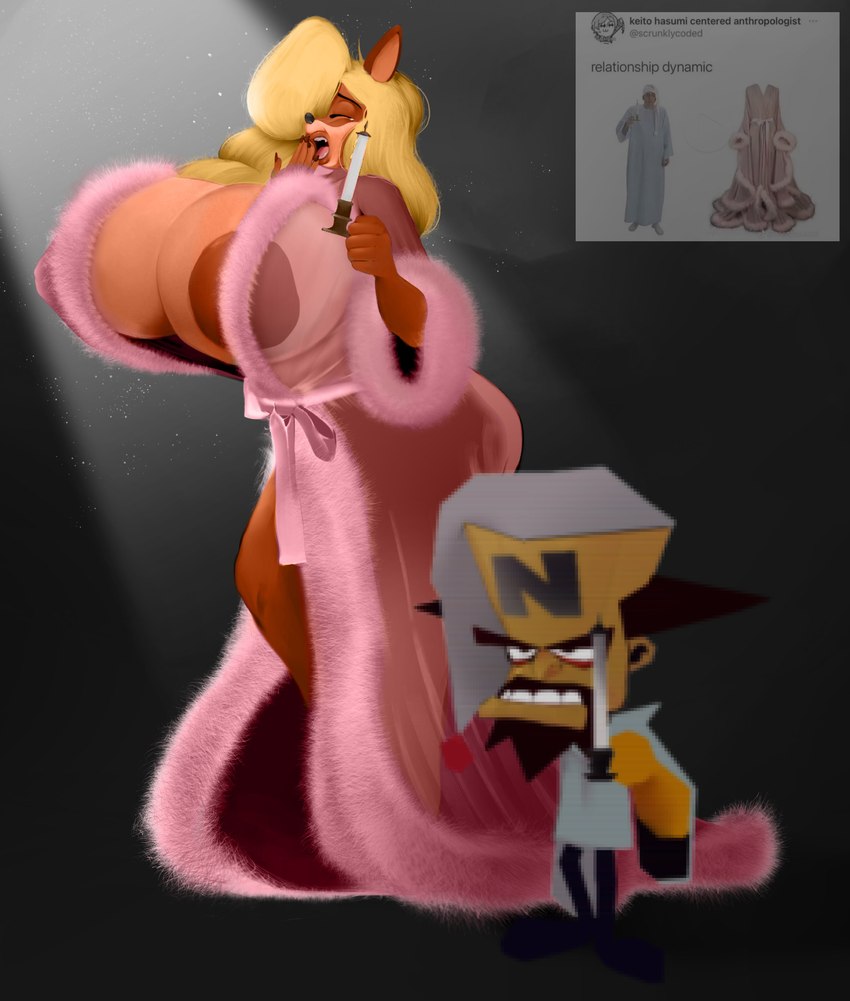 anthro areola areola_slip big_areola big_breasts big_butt blonde_hair breasts butt candle clothing duo female hair huge_areola huge_breasts huge_butt larger_female male nightgown nipple_outline nipples open_mouth robe size_difference smaller_male text tired translucent translucent_clothing wide_hips yawn crabtopus activision crash_bandicoot_(series) doctor_neo_cortex tawna_bandicoot bandicoot human mammal marsupial absurd_res english_text hi_res