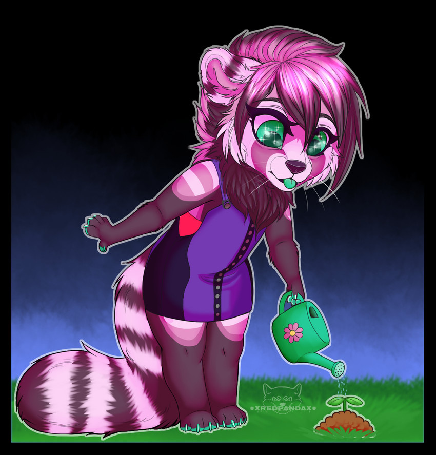 anthro chibi clothing dress female fluffy fur grass green_eyes green_tongue hair pink_body pink_fur pink_hair plant simple_background sky solo sparkles sparkling_eyes standing tongue water watering watering_can xredpandax tuki_(xredpandax) ailurid mammal red_panda alpha_channel digital_media_(artwork) hi_res shaded