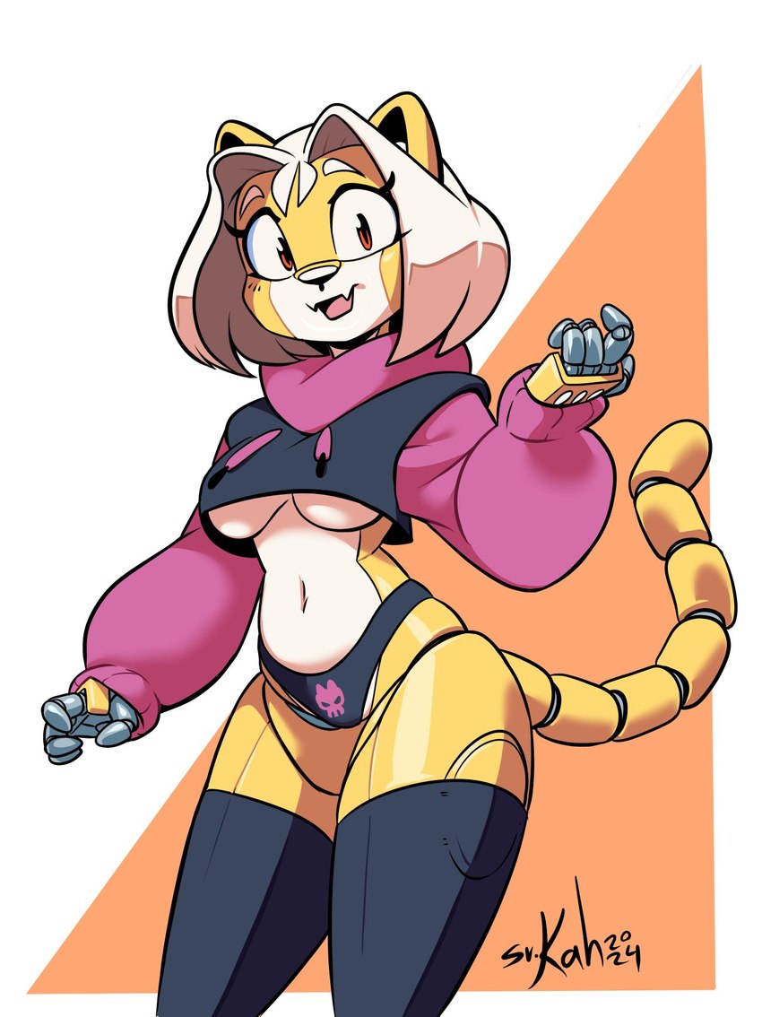 anthro breasts clothing cropped_hoodie female hoodie machine medium_breasts solo thick_thighs thong topwear under_boob underwear wide_hips senorkah meme_clothing paggi_outfit domestic_cat felid feline felis mammal robot 2024 hi_res meme