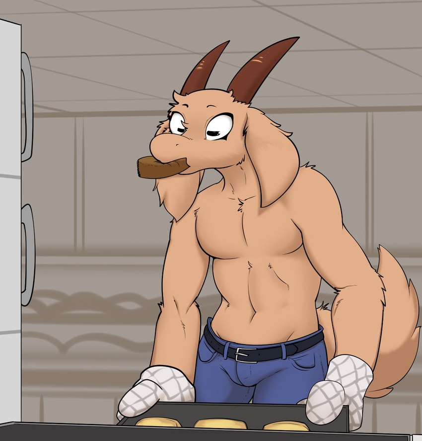 abs anthro athletic baking baking_tray belt bottomwear clothed clothing cooking denim denim_bottomwear denim_clothing floppy_ears fluffy fluffy_tail food food_in_mouth fur handwear horizontal_pupils horn inside jeans kitchen looking_down male oven_mitts pants pupils solo standing tail topless lagotrope villi_(lagotrope) bovid caprine goat mammal 2021 hi_res portrait