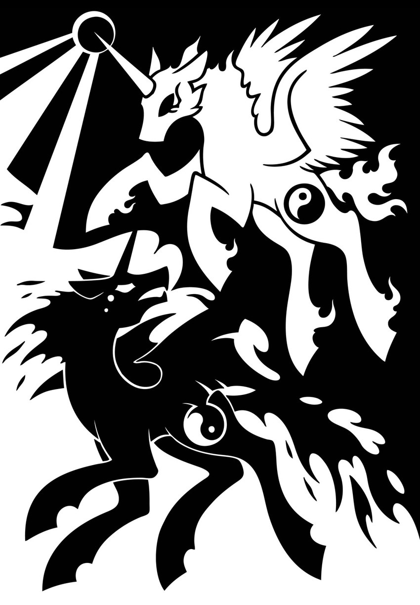 2_horns ambiguous_gender cutie_mark dark duality duo ears_back empty_eyes fangs feathered_wings feathers feral fetlocks fire flaming_fetlocks flaming_hair flaming_mane flaming_tail front_view head_turned hooves horn light light_beam magic membrane_(anatomy) membranous_wings open_mouth pivoted_ears ponification pseudo_hair pseudo_mane silhouette simple_background straight_horn tail teeth three-quarter_view unguligrade white_background wings yin_yang sunnyclockwork hasbro my_little_pony mythology scp_foundation he-who-made-dark he-who-made-light deity elemental_creature equid equine fire_creature mammal mythological_creature mythological_equine winged_unicorn 2016 black_and_white digital_drawing_(artwork) digital_media_(artwork) full-length_portrait hi_res monochrome portrait brother_(lore) brothers_(lore) male_(lore) sibling_(lore)