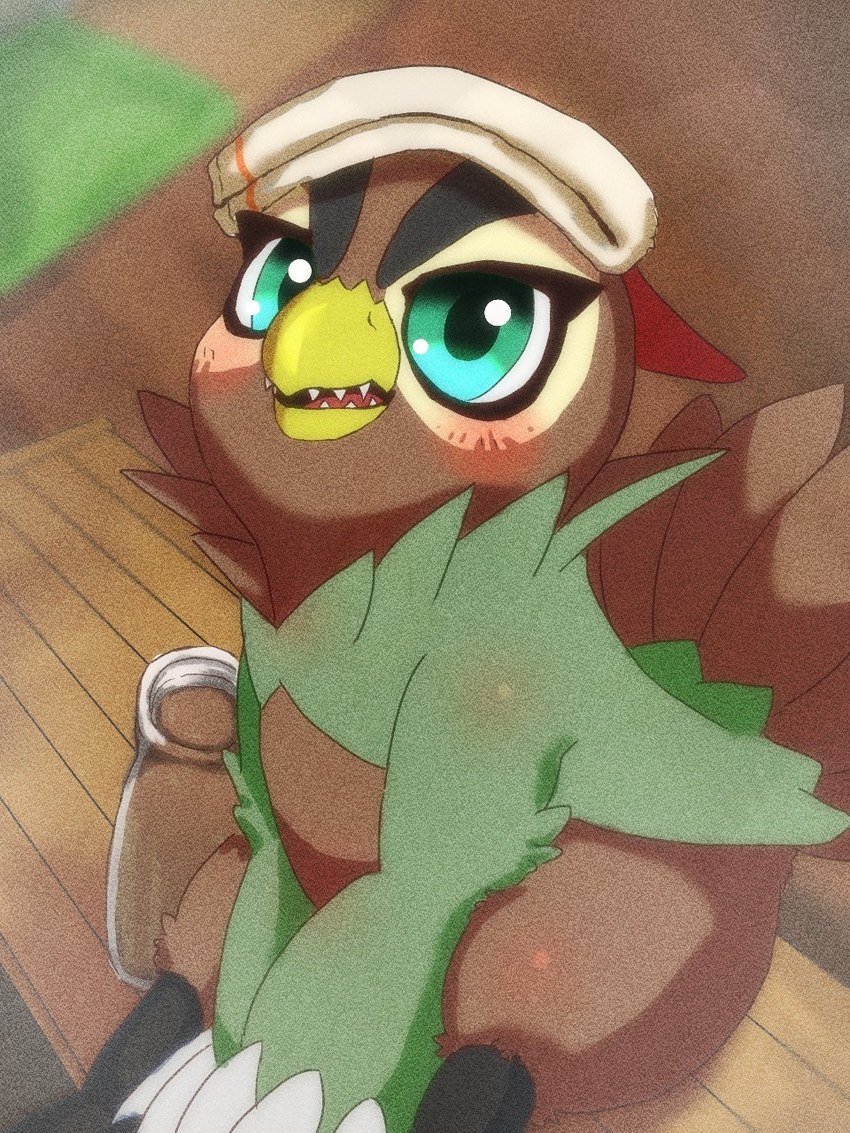 ambiguous_gender anthro beak blush bottle brown_body brown_feathers claws container detailed_background feathers feet green_eyes hot_spring looking_at_viewer sitting solo talons teeth toes toothed_beak towel towel_on_head water mofumi_corvus bandai_namco digimon digimon_(species) falcomon 3:4 hi_res