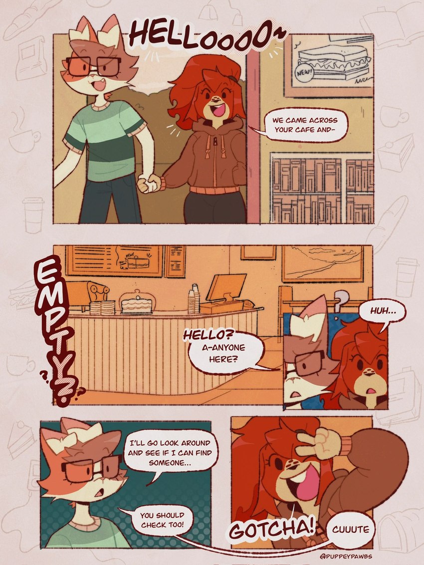 anthro cafe clothed clothing counter dialogue duo eyewear female fully_clothed fur glasses hair hoodie inside male rectangular_glasses red_body red_fur red_hair shirt speech_bubble t-shirt text topwear puppeypawbs maple_(puppeypawbs) syrup_(puppeypawbs) bird_dog canid canine canis domestic_cat domestic_dog felid feline felis hunting_dog irish_setter mammal setter comic english_text hi_res