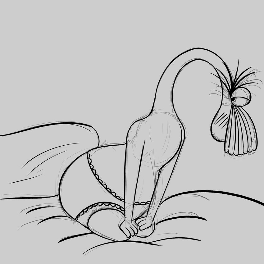 bed bed_sheet bedding bedroom_eyes bent_legs bent_over blush blush_lines clothed clothing colored_underwear crossdressing facial_hair furniture green_clothing green_lingerie hair half-closed_eyes hands_on_lap head_tuft legwear lingerie looking_aside looking_at_viewer male markings mustache narrowed_eyes nervous panties pillow seductive shy solo spots spotted_body stockings tuft underwear geegeeold oldladydoodles cartoon_network foster's_home_for_imaginary_friends yogi_boo-boo humanoid imaginary_friend hi_res monochrome sketch