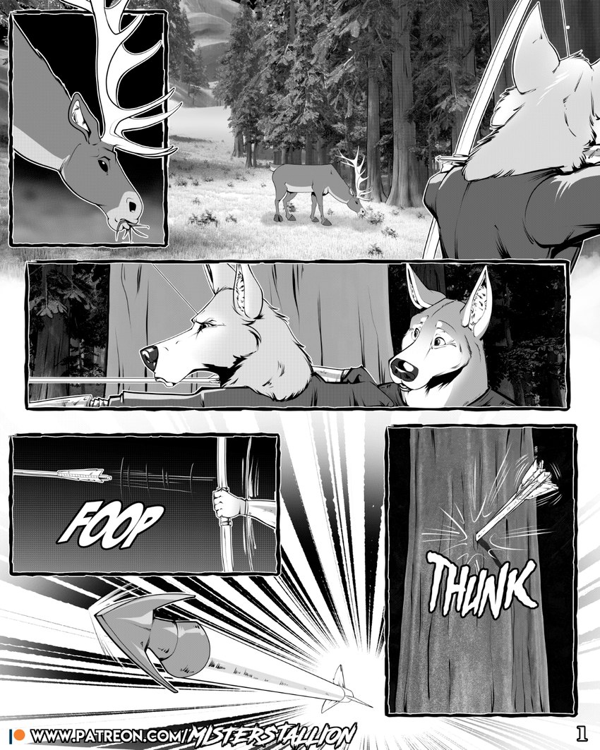 anthro arrow_(weapon) bow_(weapon) feral grazing hunting male onomatopoeia page_number ranged_weapon romantic sound_effects text weapon misterstallion arne_(misterstallion) rune_(misterstallion) canid canine canis deer mammal wolf 4:5 comic hi_res url