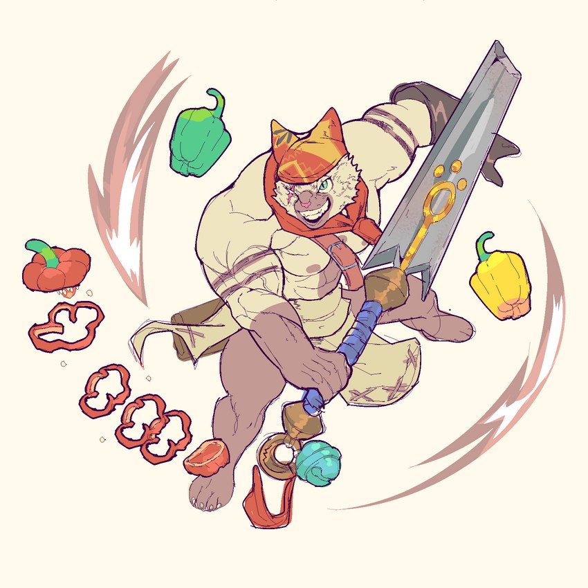 abs bell bell_pepper biceps clothed clothing facial_scar food fruit fur male melee_weapon muscular muscular_male nipples pecs pepper_(fruit) plant scar simple_background solo sword tan_body tan_fur weapon fizzworks floatiesoda capcom monster_hunter meowscular_chef felid feline felyne lynian mammal palico 1:1 hi_res