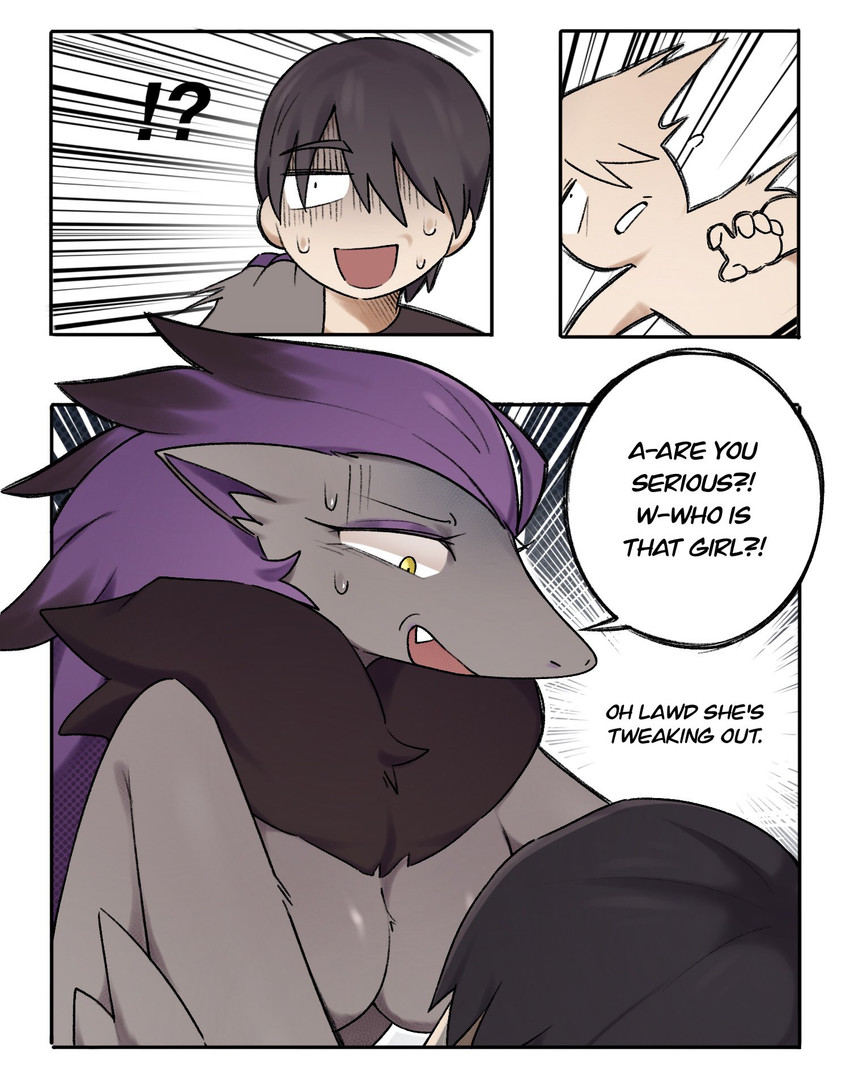 anthro biped black_body black_fur breasts clothed clothing cute_fangs dialogue duo fangs female fur grey_body grey_fur hair interrobang male multicolored_body multicolored_fur open_mouth purple_body purple_fur speech_bubble standing teeth text yellow_eyes svkhaiminh nintendo pokemon generation_5_pokemon human mammal pokemon_(species) shiny_pokemon zoroark comic english_text hi_res