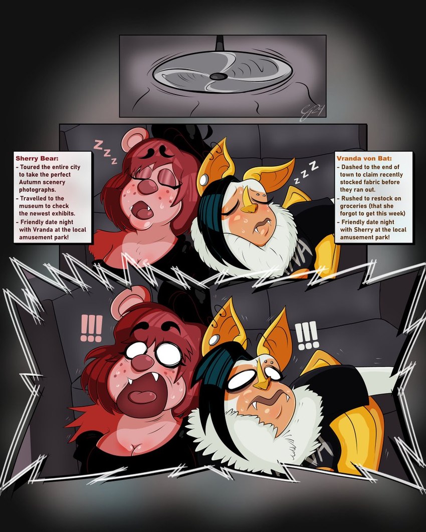 anthro ceiling_fan duo electric_fan eyes_closed female sleeping sound_effects surprised text vowelless vowelless_sound_effect waking_up zzz canyams sherry_bear_(blarf022) vranda_von_bat_(blarf022) bat bear honduran_white_bat leaf-nosed_bat mammal microbat yangochiropteran 2024 4:5 comic english_text hi_res