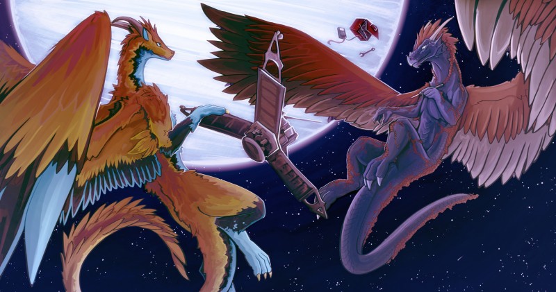 ambiguous_gender claws curved_horn detailed_background duo feathered_wings feathers feral fur horn moon night satellite sky star starry_sky tail tan_body tan_feathers wings chromamancer mythology mallikeet wrayette dragon feathered_dragon feathered_scalie furred_dragon furred_scalie hybrid mythological_creature mythological_scalie scalie 256:135 4k absurd_res hi_res