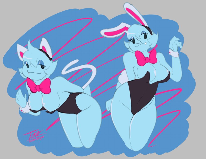 anthro black_eyes blue_body blue_eyeshadow bow_tie breasts bunny_costume cat_ear_headband clothing costume duo eyeshadow fake_cat_ears fake_ears fake_rabbit_ears female makeup thick_thighs prate-dragon mario_bros nintendo lahla_(mario) peeka_(mario) boo_(mario) ghost spirit hi_res