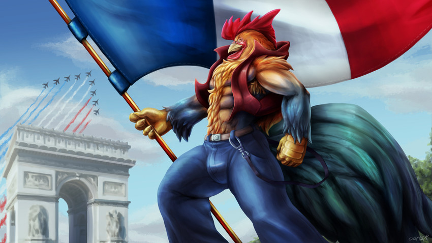 anthro beak bulge clothed clothing detailed_background feathers flag flag_(object) flagpole france french french_flag holding_flag holding_object holidays male muscular muscular_anthro muscular_male open_clothing open_topwear open_vest outside pole solo topwear vest corrsk bastille_day gallic_rooster avian bird chicken galliform gallus_(genus) phasianid 16:9 2020 digital_media_(artwork) hi_res widescreen