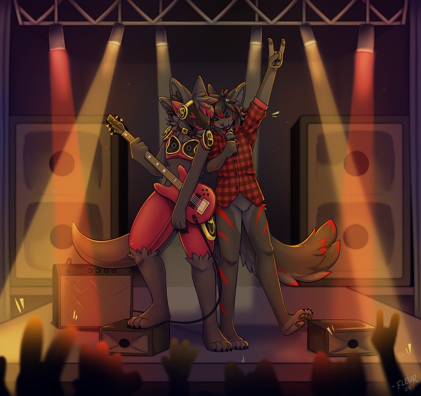 anthro biped black_body black_fur concert duo electric_guitar electronics fur guitar machine male microphone musical_instrument plucked_string_instrument red_eyes slim_anthro slim_male standing string_instrument fleurfurr wulfy_(wulfypaws) canid canine fox mammal protogen 2024 hi_res