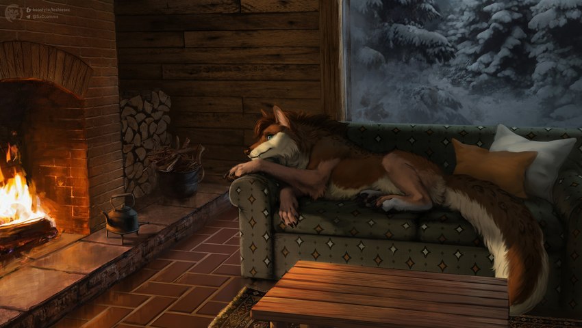 cottage feral fire fireplace furniture hair male pillow plant snow sofa solo table tail tree warm wood wooden_house techiesxc mythology canid canine canis domestic_dog hybrid mammal mythological_canine mythological_creature werecanid werecanine werecreature werewolf hi_res