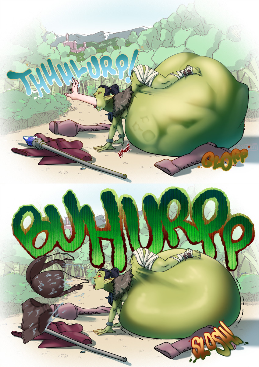 belly big_belly clothing death digestion duo female female_pred female_prey footwear green_body green_skin huge_belly oral_vore outside overweight shoes size_difference staff text vore meekbot goblin human humanoid mammal 2024 absurd_res hi_res