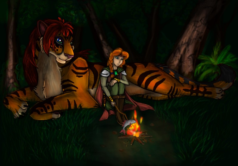 claws detailed_background duo female feral fire forest fur grass green_eyes hair larger_female larger_feral night orange_body orange_fur orange_hair outside paws plant red_hair size_difference smaller_female smaller_human striped_body striped_fur stripes tree araivis-edelveys araivis_edelveys_(character) felid fish human mammal marine pantherine tiger