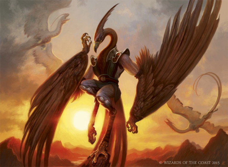 ambiguous_gender anthro armor beak brown_body brown_feathers claws clothing detailed_background feathered_wings feathers feral furgonomics greaves group head_crest orange_sky outside robe sky sunset tail wing_claws winged_arms wings wraps zack_stella hasbro magic:_the_gathering mythology wizards_of_the_coast aven avian bird dragon mythological_creature mythological_scalie scalie official_art