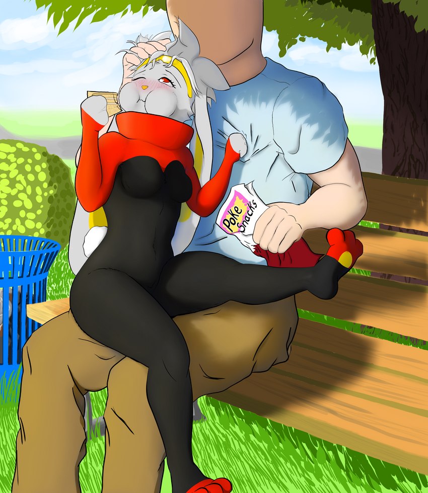 3_toes anthro athletic athletic_anthro bench blush blush_lines breasts caressing_head clothing clothing_grab cloud defined detailed_background duo eating evening eyes_closed faceless_character faceless_male feeding feet female fluffy fluffy_tail food full_mouth fur glowing glowing_eyes grass grey_body grey_fur happy headpat human_on_anthro_romance interspecies leaf long_ears looking_away looking_pleasured looking_up male male/female neckwear on_bench on_lap park park_bench paws petting plant pokephilia pokesnacks red_body red_fur relaxing road romantic romantic_ambiance romantic_couple sitting sitting_on_bench sitting_on_lap sky small_breasts soles sunny swinging_legs tail toes trash_can tree noconcession nintendo pokemon generation_8_pokemon human lagomorph leporid mammal pokemon_(species) raboot absurd_res hi_res