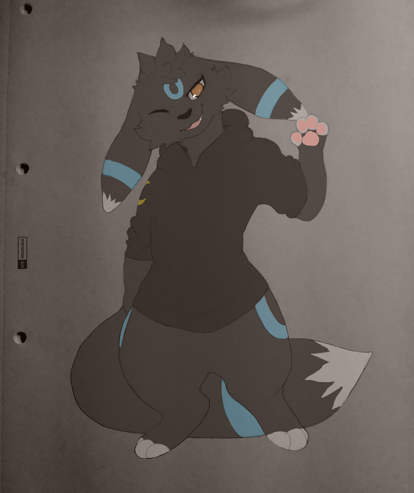 anthro anthrofied clothing dave_deere dog_tags gesture grin hoodie male one_eye_closed pokemorph smile solo topwear waving wink nintendo pokemon auro_(auropaw) eeveelution generation_2_pokemon pokemon_(species) shiny_pokemon umbreon hi_res