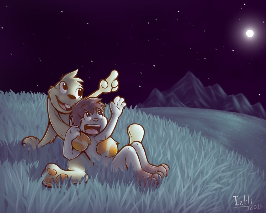 anthro blue_eyes duo grass male moon mountain_range nude open_mouth outside pawpads plains plant sky star stargazing young young_anthro young_male iztli lagomorph leporid mammal rabbit species_request 2015 5:4 hi_res signature