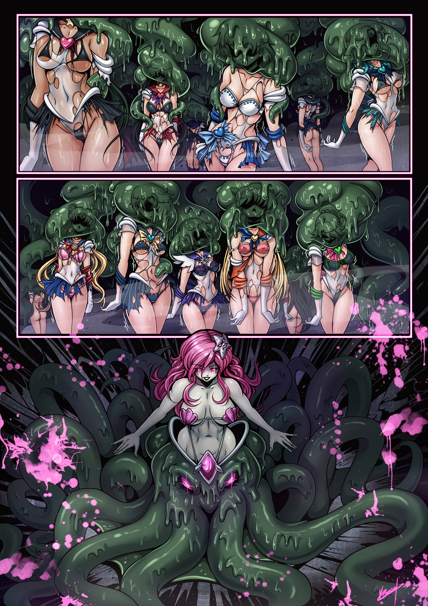 breasts clothed clothing corruption detailed_background dissolving_clothing female mind_control pink_eyes sailor_scout skimpy tentacles torn_clothing underwear karosu-maker sailor_moon_(series) ami_mizuno haruka_tenou hotaru_tomoe madameer makoto_kino michiru_kaiou minako_aino rei_hino sailor_jupiter sailor_mars sailor_mercury sailor_moon_(character) sailor_neptune sailor_pluto sailor_saturn sailor_uranus sailor_venus setsuna_meiou usagi_tsukino human mammal monster comic detailed hi_res