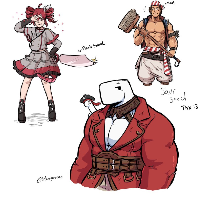 abs ambiguous_gender anthro blush blush_lines broom cleaning_tool clothing exposed female group headgear headwear male muscular muscular_male nipples pecs pirate pirate_hat red_clothing red_eyes smile smiling_at_viewer trio dynogreeno dyno_(dynogreeno) kasane_teto largo_(dynogreeno) dinosaur human humanoid mammal prehistoric_species reptile scalie hi_res