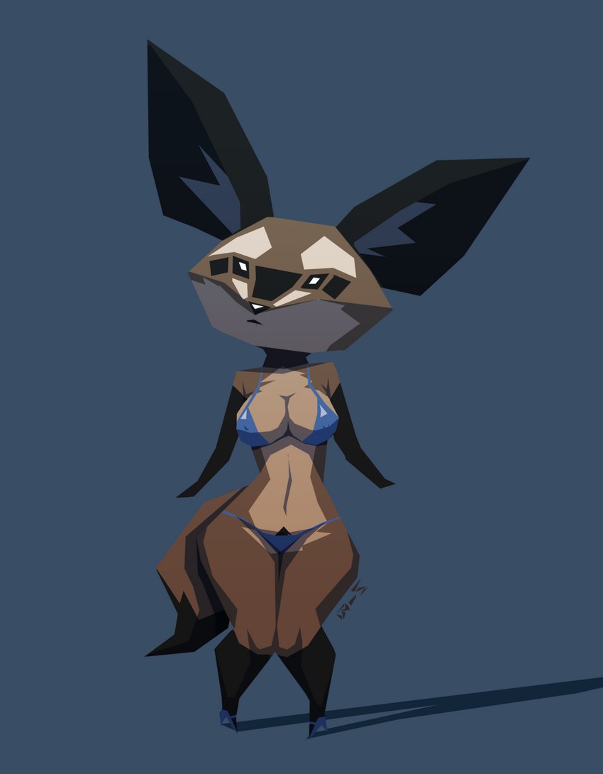 anthro big_ears blue_background bra breasts brown_body cleavage clothed clothing female footwear high_heels multicolored_body navel partially_clothed pubes shoes simple_background solo standing tail underwear nibhaaz bat-eared_fox canid canine fox mammal 2017 hi_res signature