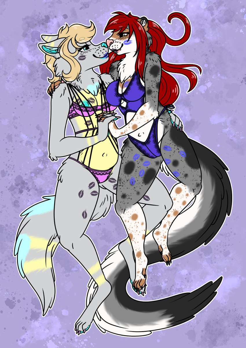 anthro clothing cuddling duo female female/female hand_holding kiss_mark lingerie lipstick long_tail makeup nipples nose_to_nose tail arwenscoots conditional_dnp arwen vee_mars canid canine domestic_ferret fox grey_fox mammal mustelid musteline true_musteline urocyon weasel hi_res