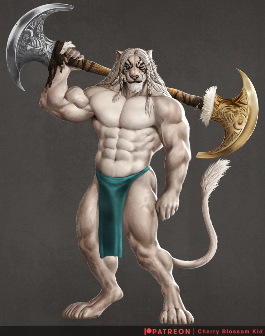 abs anthro axe biped blue_eyes bottomwear braided_hair claws clothed clothing digitigrade double_axe eye_scar facial_scar finger_claws fur grey_background hair holding_melee_weapon holding_object holding_polearm holding_weapon loincloth loincloth_only male melee_weapon muscular muscular_anthro muscular_male palm_axe paws pecs polearm scar simple_background solo standing tail tail_tuft topless tuft weapon white_body white_fur white_hair cherry_blossom_kid hasbro magic:_the_gathering wizards_of_the_coast ajani_goldmane felid lion mammal pantherine 2024 digital_media_(artwork) full-length_portrait hi_res portrait