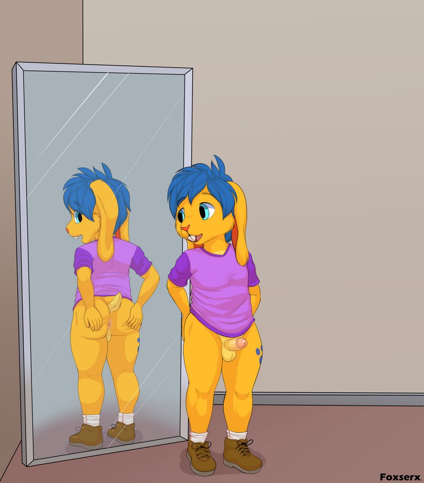 anthro anus balls blue_eyes blue_hair blue_spots bottomless brown_clothing brown_footwear brown_shoes buckteeth butt clothed clothing erection footwear fur genitals hair hand_on_butt hand_on_own_butt inside long_ears looking_at_anus looking_at_butt looking_at_mirror looking_at_object looking_at_own_anus looking_at_own_butt looking_at_self male markings mirror mirror_reflection multicolored_body multicolored_clothing multicolored_fur multicolored_topwear on_ground orange_body orange_ears orange_fur orange_tail partially_clothed penis purple_clothing purple_shirt purple_t-shirt purple_topwear reflection scut_tail shirt shoes short_tail socks solo spots spotted_body spotted_fur spread_butt spreading standing t-shirt tail teeth tongue topwear two_tone_body two_tone_clothing two_tone_fur two_tone_tail two_tone_topwear young young_anthro young_male foxserx jeffybunny lagomorph leporid mammal rabbit 2022 absurd_res digital_media_(artwork) hi_res