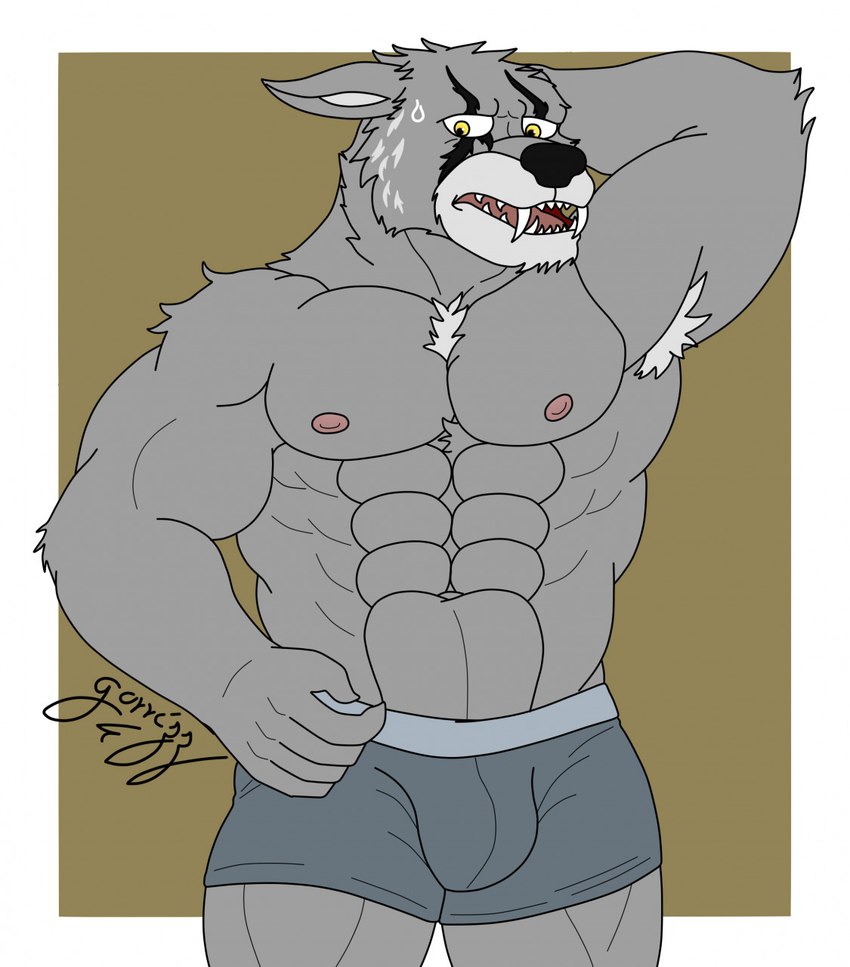 abs anthro big_muscles bodily_fluids boxers_(clothing) boxers_only bulge cheek_tuft clothed clothing facial_tuft fangs fluffy_chest fur grey_body grey_fur hand_on_head male mature_male muscular muscular_anthro muscular_male muscular_thighs neck_tuft nervous nervous_sweat nipples open_mouth pecs pose shy solo sweat sweatdrop teeth thick_thighs topless tuft underwear underwear_only yellow_eyes gorrizz legends_of_chima lego worriz_(legends_of_chima) canid canine canis mammal wolf hi_res pinup