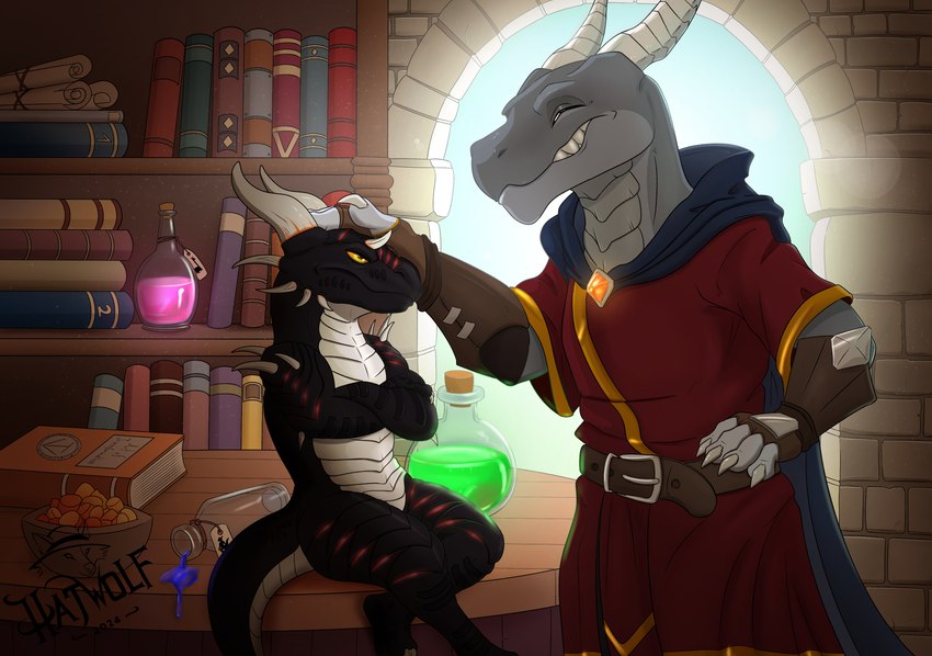 anthro book claws clothed clothing detailed_background duo dust fantasy grin grumpy headpat horn light magic male male/male medieval petting potion potion_bottle scales smile store sunlight tail teeth transformation hatwolf dungeons_and_dragons hasbro wizards_of_the_coast dragonborn_(dnd) kobold reptile scalie 2024 absurd_res artist_name colored digital_drawing_(artwork) digital_media_(artwork) hi_res shaded signature watermark