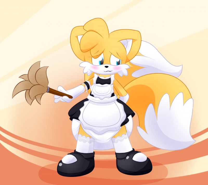 anthro blush clean_diaper clothed clothing crossdressing diaper embarrassed fur maid_uniform male solo uniform wearing_diaper yellow_body yellow_fur sir-dancalot sega sonic_the_hedgehog_(series) miles_prower canid canine fox mammal