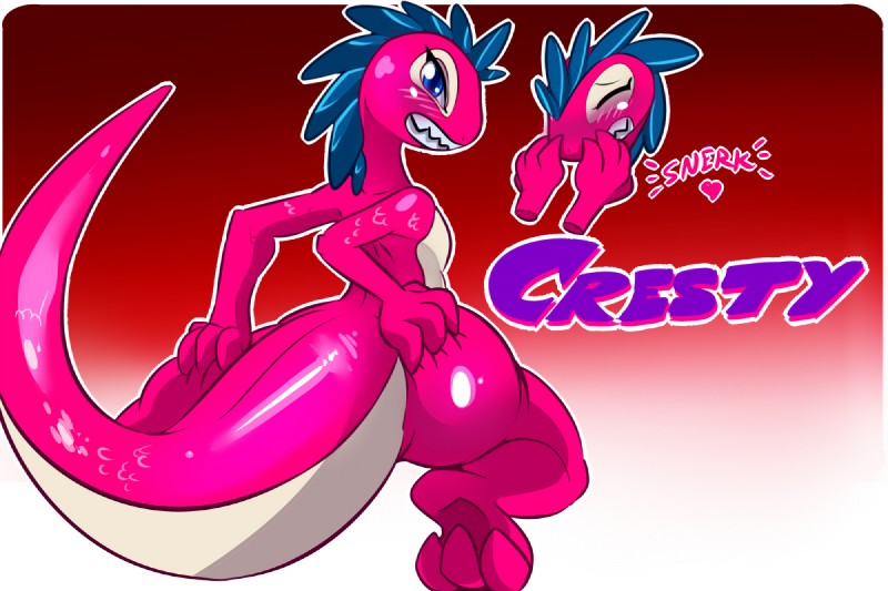 3_toes 4_fingers anthro big_butt big_tail blush butt butt_pose feathers feet fingers pink_body pink_scales pose scales solo tail text toes white_crest_(artist) cresty_(white_crest) crestysaurus dinosaur prehistoric_species reptile scalie 3:2 unavailable_at_source