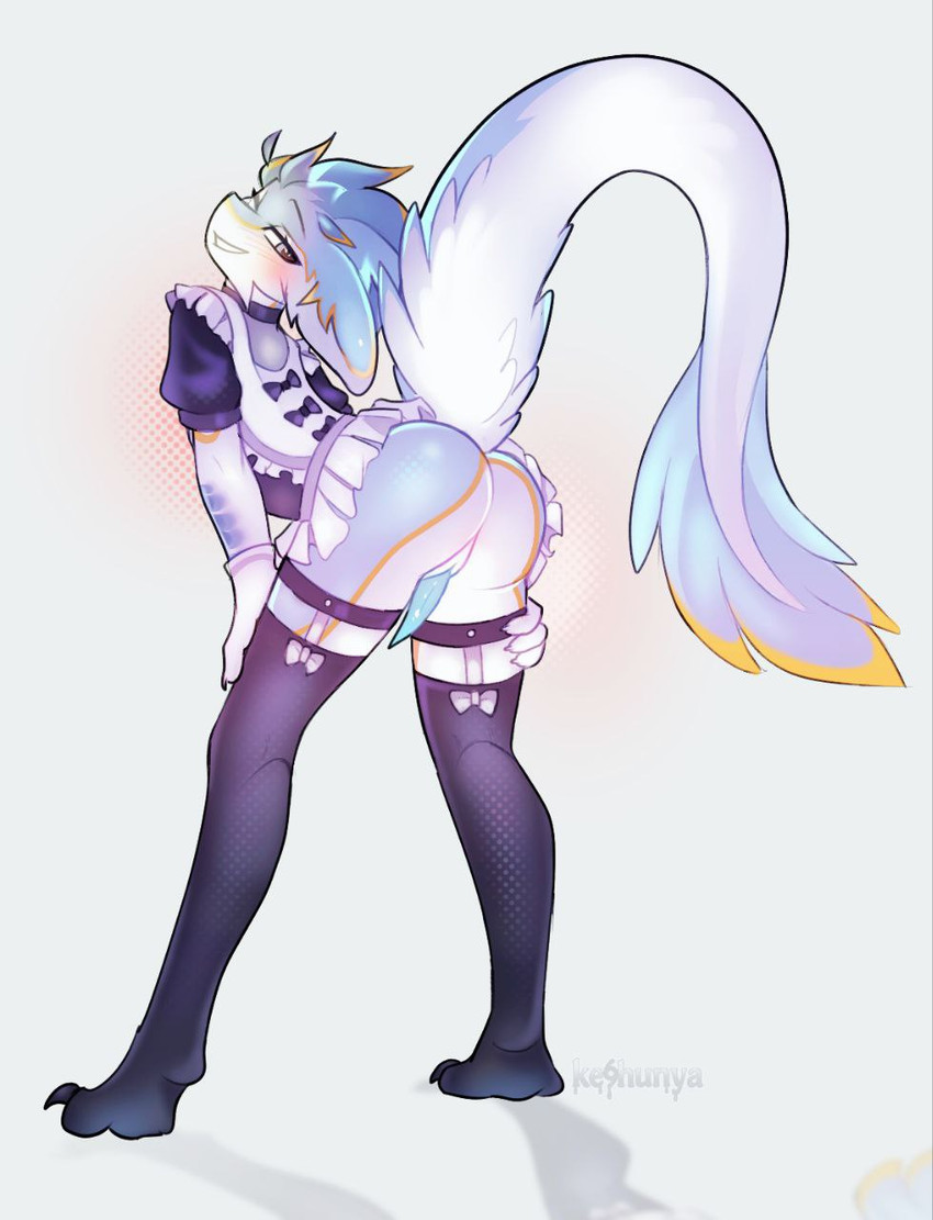 4_ears animal_genitalia anthro anus bent_over black_clothing blue_body blue_feathers blue_genitals blue_penis blush bottomwear butt claws clothed clothing crossdressing erection feathers feet femboy fur genital_slit genitals hair hand_on_butt legwear looking_at_viewer looking_back maid_uniform male male_anthro multi_ear multicolored_body no_underwear penis presenting presenting_hindquarters purple_clothing raised_tail seductive simple_background skirt slit_penis smile solo standing stockings tail tapering_penis thigh_highs toes uniform white_background white_body white_clothing white_feathers keshunya mythology avali avian mythological_creature scalie digital_media_(artwork) hi_res