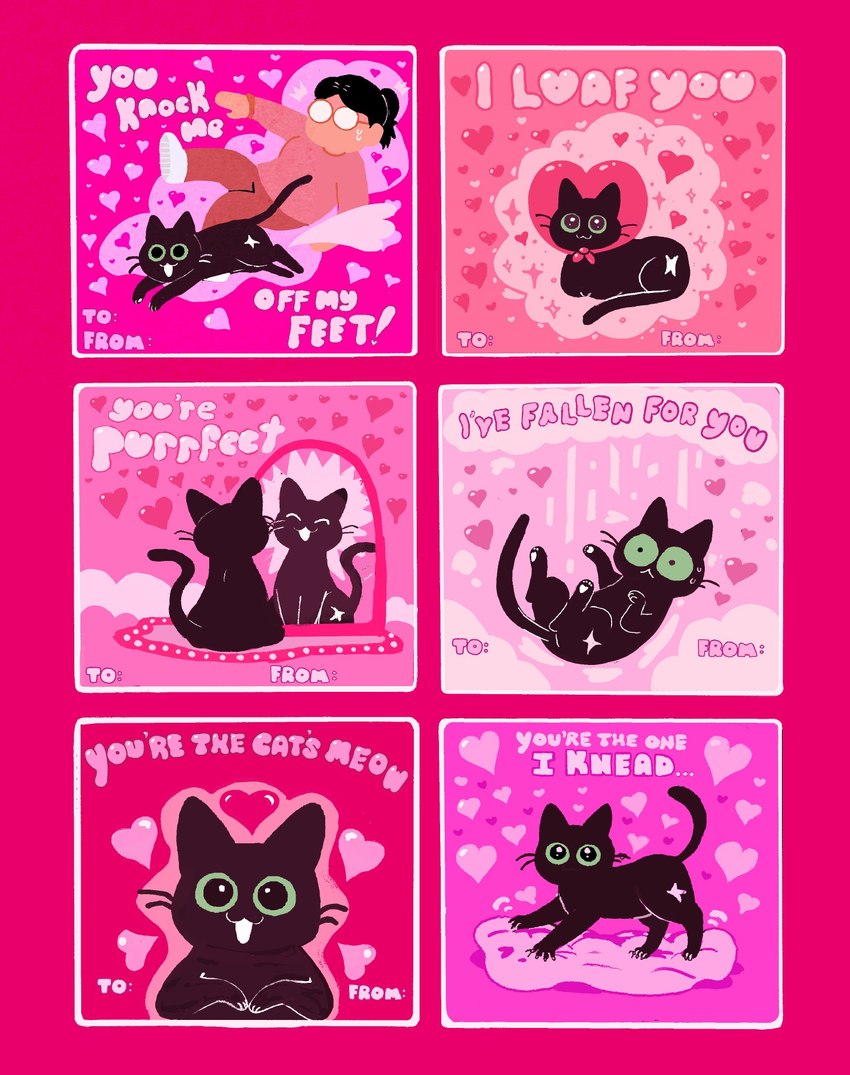 :3 ^.^ ambiguous_gender black_body black_fur duo falling feral fur green_eyes holidays kneading love mirror o_o solo_focus text tripping valentine's_day_card whiskers shanhorandraws little_kitty_big_city valentine's_day little_kitty_(lkbc) human mammal english_text hi_res official_art