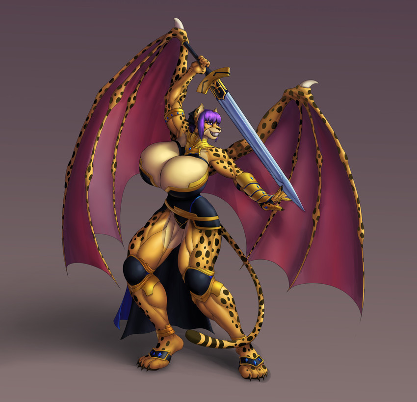 anthro arthurian_lore big_breasts big_muscles breasts female hair huge_breasts hyper hyper_breasts melee_weapon membrane_(anatomy) membranous_wings muscular muscular_anthro muscular_female muscular_thighs purple_hair solo sword weapon wings agonwolfe xilimyth cheetah felid feline hybrid mammal absurd_res hi_res