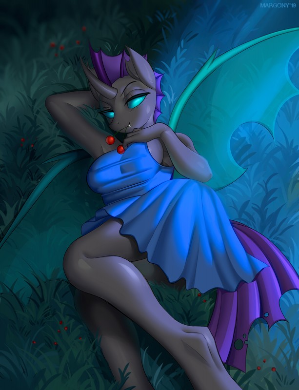 anthro big_breasts breasts cherry female food fruit horn looking_at_viewer lying plant seductive solo wings margony friendship_is_magic hasbro my_little_pony arthropod changeling 2019 digital_media_(artwork) hi_res