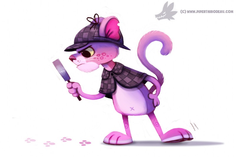 anthro black_eyes bottomless cape clothed clothing deerstalker footprint fur magnifying_glass male pawpads pink_body pink_fur simple_background solo text whiskers white_background piper_thibodeau pink_panther felid mammal pantherine digital_media_(artwork) digital_painting_(artwork) url