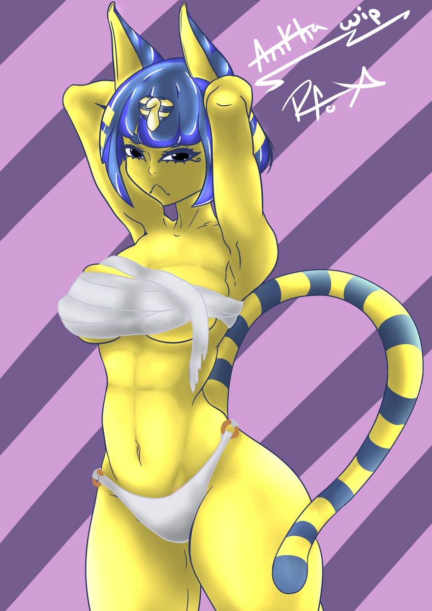 anthro bandeau bent_arm big_pupils blue_ears blue_eyeliner blue_eyes blue_hair blue_stripes clothing eyeliner female fur hair hands_behind_head looking_at_viewer makeup markings mostly_nude_female mummy_wrappings navel panties pattern_background pupils raised_arms simple_background sling_bra soft_abs solo striped_background striped_markings striped_tail stripes tail tail_markings thick_thighs topwear underwear uraeus ventral_groove wide_hips yellow_body yellow_clothing yellow_fur yellow_inner_ear yellow_nose yellow_panties yellow_stripes yellow_underwear rollfox animal_crossing nintendo ankha_(animal_crossing) domestic_cat felid feline felis mammal absurd_res hi_res unfinished