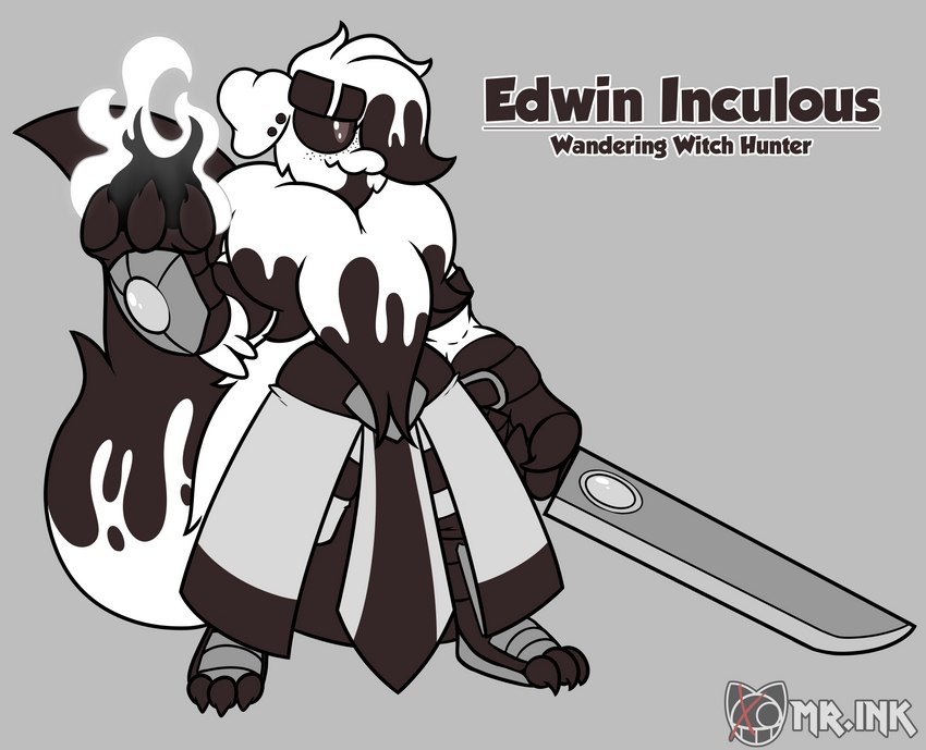 anthro armor brown_body brown_fur claws clothed clothing elemental_manipulation fire fire_manipulation fluffy fluffy_tail food fur hair holding_object holding_weapon magic magic_user magic_user_outfit male melee_weapon multicolored_body multicolored_fur neck_tuft outline robe simple_background solo standing sword tail text tuft two_tone_body two_tone_fur weapon white_body white_fur witch_hunter mr.ink_(artist) edwin_inculous_(character) felid feline felis food_creature mammal umbrian_(species) absurd_res digital_media_(artwork) english_text hi_res