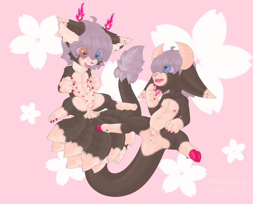 2_horns 3_toes 4_fingers 9_tails ahoge alternate_form andromorph animal_genitalia animal_pussy anus blue_eyes brown_body brown_fur brown_scales brush_tail canine_genitalia canine_pussy cheek_tuft claws countershading cute_fangs digitigrade dipstick_ears dipstick_limbs dipstick_tail duo ear_markings ear_piercing ear_ring eye_contact eye_through_hair facial_tuft fangs feet fingers fire flaming_horn fur genitals grey_hair hair hair_over_eyes heart_nose heart_symbol heterochromia hooves horizontal_pupils horn inner_ear_fluff intersex kemono long_tail looking_at_another markings multi_nipple multi_tail multicolored_ears navel neck_tuft nipples nude open_mouth open_smile orange_eyes pawpads piercing pink_nipples pink_nose pink_pawpads puffy_anus pupils pussy red_claws ring_piercing scales short_hair simple_background slightly_chubby smile spread_legs spreading square_crossover tail tail_markings tail_tuft tan_body tan_fur tan_scales teeth toes translucent translucent_hair tuft young yashak_(artist) asian_mythology east_asian_mythology japanese_mythology mythology yasha_(yashak) bovid caprine dragon fox_spirit mammal mythological_creature mythological_scalie reptile scalie yokai 2025 absurd_res hi_res male_(lore)
