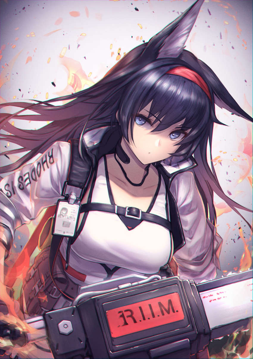 accessory black_hair blue_eyes breasts chainsaw female fire hair hair_accessory hairband holding_object long_hair power_tool simple_background solo tools itaco arknights hypergryph studio_montagne blaze_(arknights) animal_humanoid felid felid_humanoid humanoid mammal mammal_humanoid 2020 half-length_portrait hi_res portrait