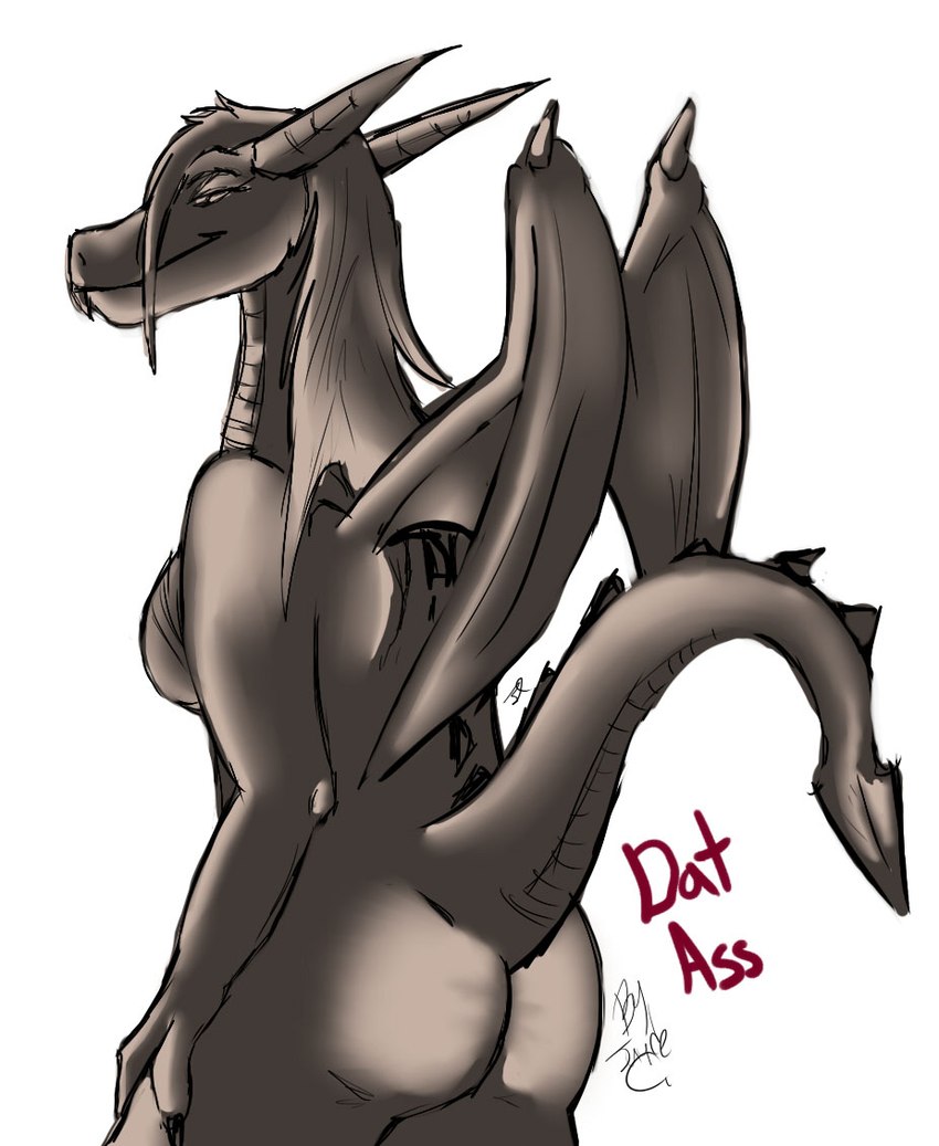 anthro butt female horn membrane_(anatomy) membranous_wings presenting presenting_hindquarters raised_tail simple_background smile solo tail wings dritazura mythology dragon mythological_creature mythological_scalie scalie