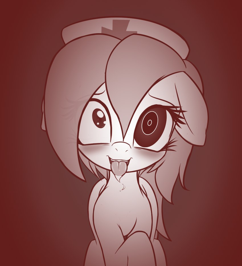 bite blush bodily_fluids clothing drooling female headgear headwear heterochromia looking_at_viewer nurse_clothing nurse_headwear raised_leg red_eyes saliva solo tongue tongue_bite tongue_out an-m hasbro my_little_pony setna equid equine horse mammal pony monochrome