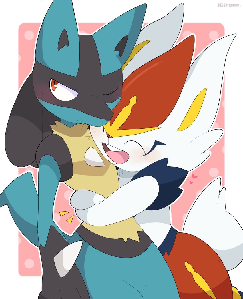 anthro duo fluffy fluffy_tail fur happy heart_symbol hug male open_mouth open_smile simple_background smile spikes spikes_(anatomy) tail kiirono nintendo pokemon cinderace generation_4_pokemon generation_8_pokemon lucario pokemon_(species) hi_res signature