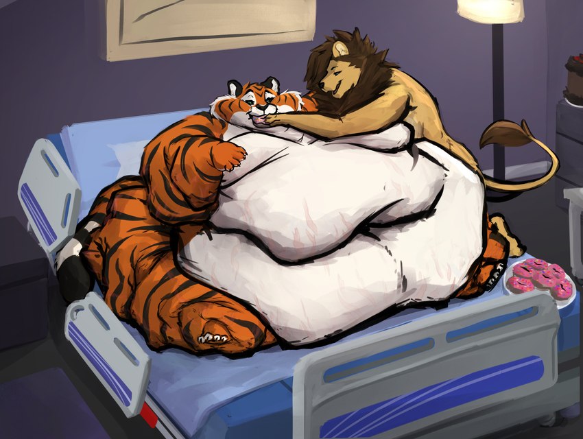 anthro bed bedroom belly big_belly big_butt black_body black_fur black_stripes butt dessert doughnut duo feeding female food fur furniture hospital_bed huge_belly huge_butt immobile male male/female mane morbidly_obese morbidly_obese_female navel obese obese_female orange_body orange_fur overweight overweight_female pastry sitting stretch_marks stripes tan_body tan_fur weight_gain white_body white_fur silverfang725 felid lion mammal pantherine tiger 2025 absurd_res hi_res